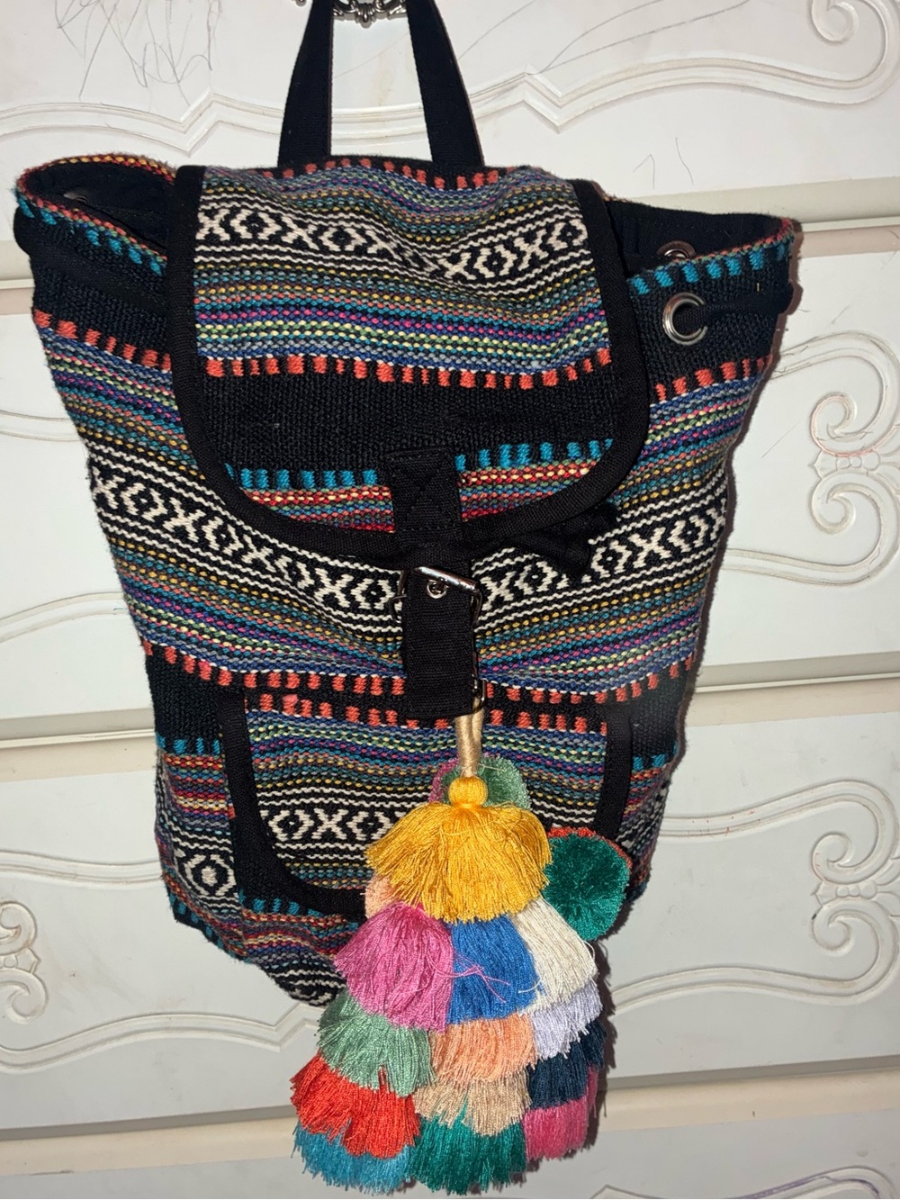 Boho Multicolor Woven Backpack with Tassel Accent